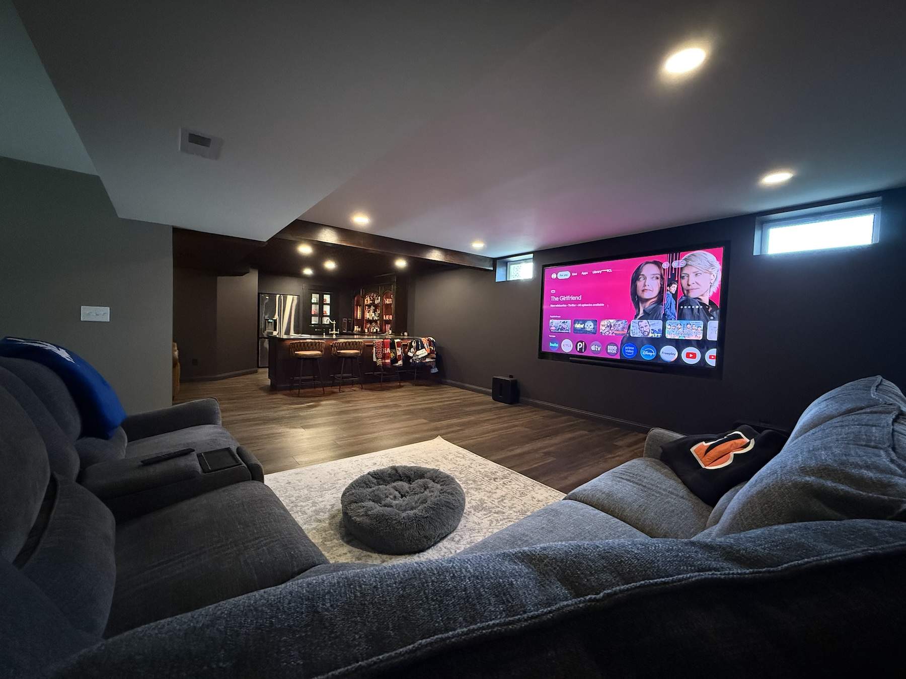 Basement remodel with sports bar